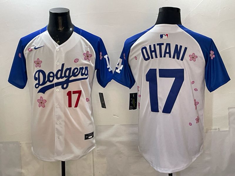 Men Nike 2026 Los Angeles Dodgers #17 Ohtani White Blue Sakura Edition Game MLB Jersey 1208